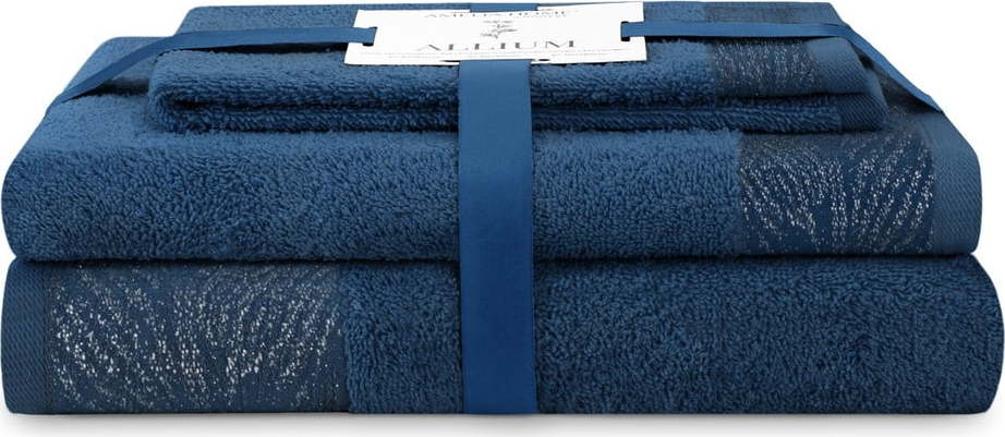 Tmavě modré froté bavlněné ručníky a osušky v sadě 3 ks Allium – Restilo Restilo