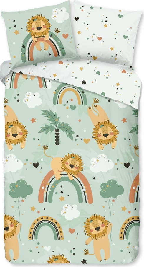 Zelené bavlněné dětské povlečení na jednolůžko/prodloužené 140x220 cm Lions – Good Morning GOOD MORNING