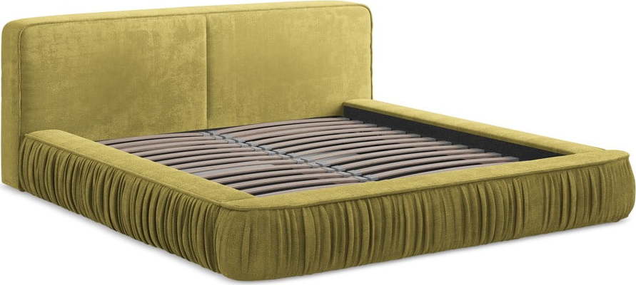 Žlutá čalouněná dvoulůžková postel s úložným prostorem s roštem 160x200 cm Keoni – Makamii Makamii