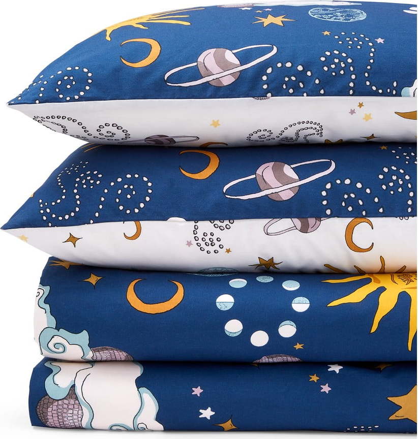 Bílé/modré bavlněné povlečení na dvoulůžko 200x200 cm Disco Space – Their Nibs Their Nibs