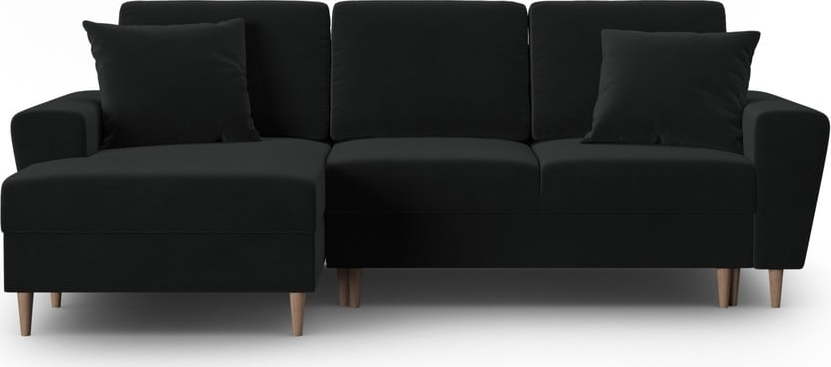 Černá sametová rozkládací/s úložným prostorem rohová pohovka (levý roh/s lenoškou) Kyoto – Cosmopolitan Design Cosmopolitan design