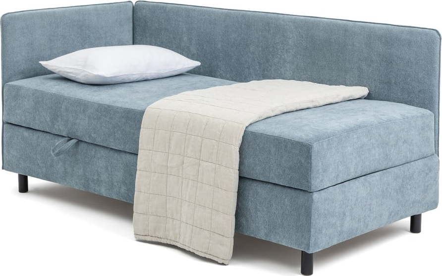 Modrá čalouněná jednolůžková postel s úložným prostorem s matrací 90x200 cm Avela – Bonami Selection Bonami Selection