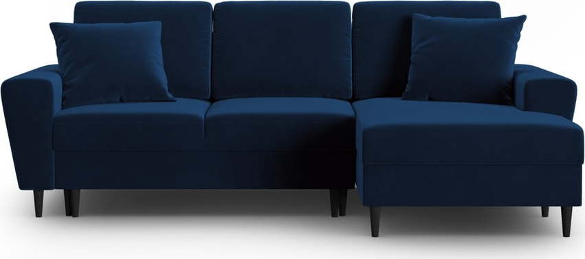 Modrá sametová rozkládací/s úložným prostorem rohová pohovka (pravý roh/s lenoškou) Kyoto – Cosmopolitan Design Cosmopolitan design