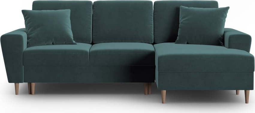 Sametová rozkládací/s úložným prostorem rohová pohovka v petrolejové barvě (pravý roh/s lenoškou) Kyoto – Cosmopolitan Design Cosmopolitan design