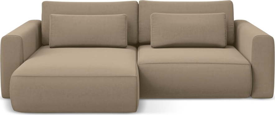 Světle hnědá sametová rozkládací/s úložným prostorem rohová pohovka (levý roh/s lenoškou) Kapua – Makamii Makamii