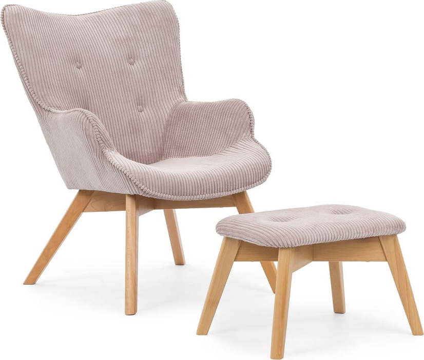 Světle růžové manšestrové křeslo s podnožkou Niko – Ropez Ropez