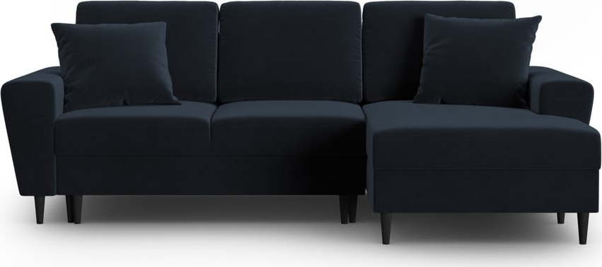Tmavě modrá sametová rozkládací/s úložným prostorem rohová pohovka (pravý roh/s lenoškou) Kyoto – Cosmopolitan Design Cosmopolitan design