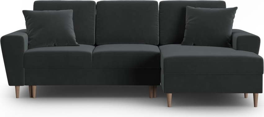 Tmavě šedá sametová rozkládací/s úložným prostorem rohová pohovka (pravý roh/s lenoškou) Kyoto – Cosmopolitan Design Cosmopolitan design