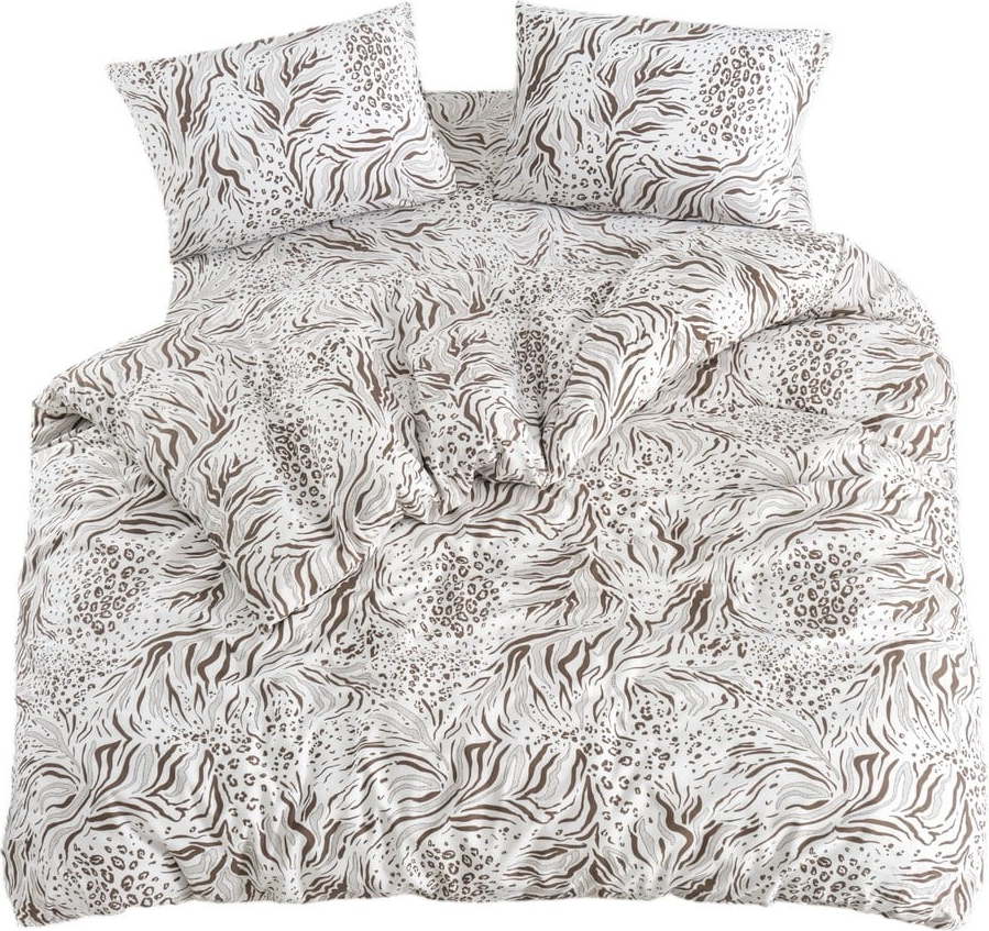 Bílo-hnědé povlečení na dvoulůžko/prodloužené s prostěradlem/4dílné 200x220 cm Floral – Mila Home Mila Home