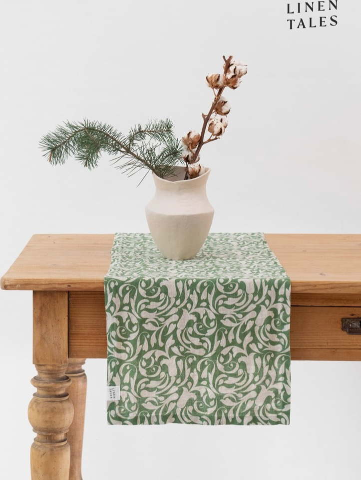Lněný běhoun na stůl 40x150 cm Evergreen Damask – Linen Tales Linen Tales