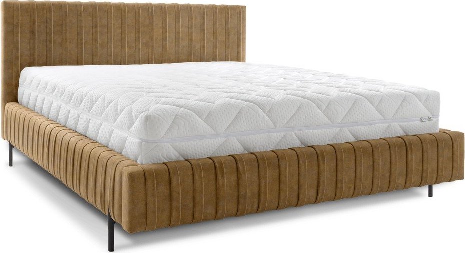 Okrově žlutá čalouněná dvoulůžková postel s úložným prostorem s roštem 160x200 cm Plissa – ELTAP ELTAP