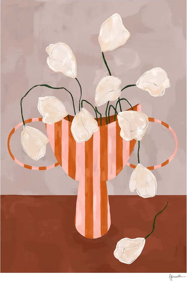 Plakát 50x70 cm White Flowers in Striped Vase – Frankie Penwill – The Poster Club The Poster Club