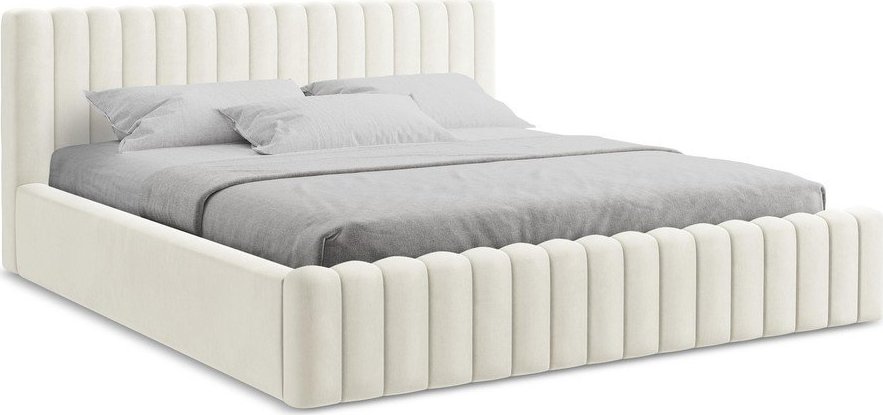Krémová čalouněná dvoulůžková postel s úložným prostorem s roštem 140x200 cm Lemi – Makamii Makamii